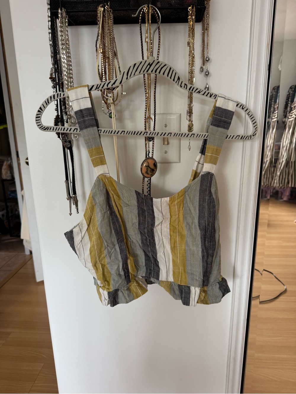 RVCA Striped Cropped Tank Top in Mustard, Gray & White